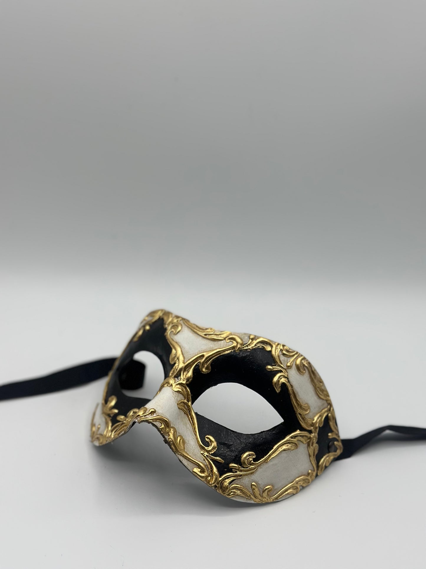 Black & White Venetian Mask with Gold Baroque Details