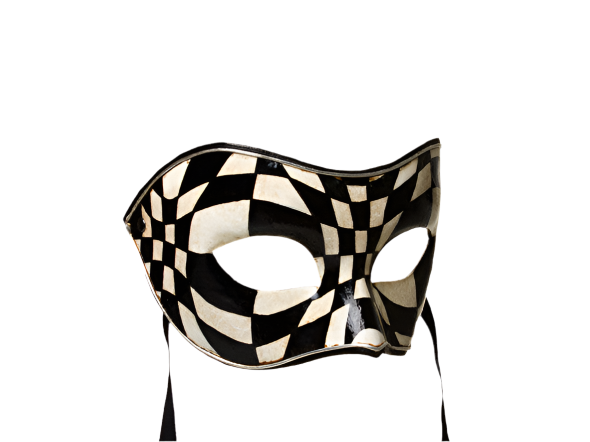 Exclusive Venetian Harlequin mask in black and white papier-mâché with satin ribbons, handmade for masquerade balls or parties