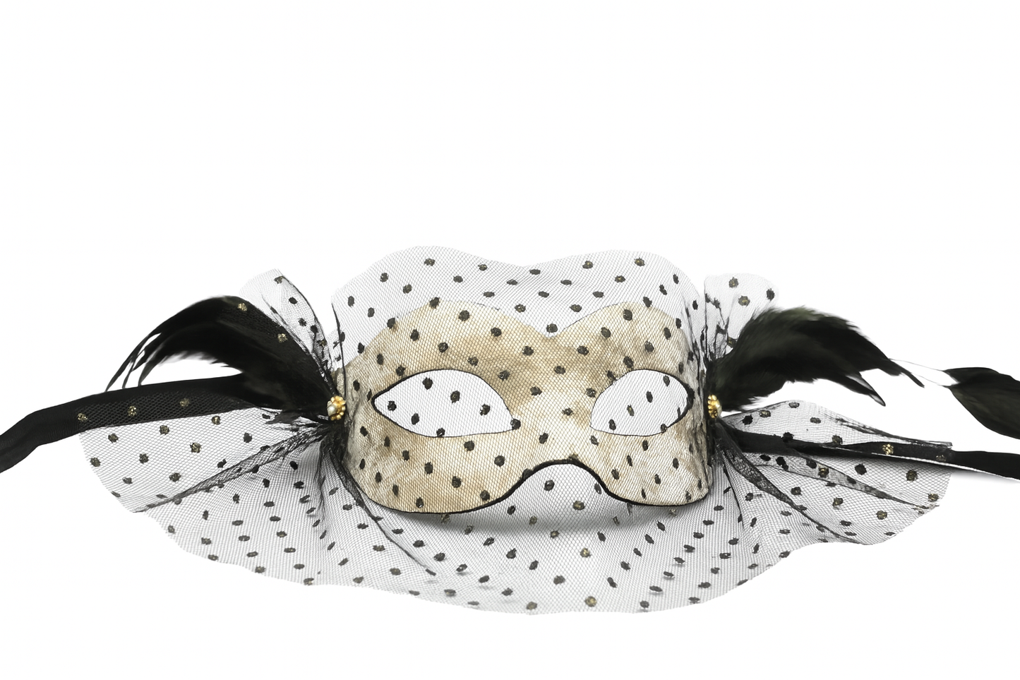 Handgemaakt Venetiaans Masker voor Vrouwen – Zilvergrijs Fluweel met Zwarte Voile en Veren
