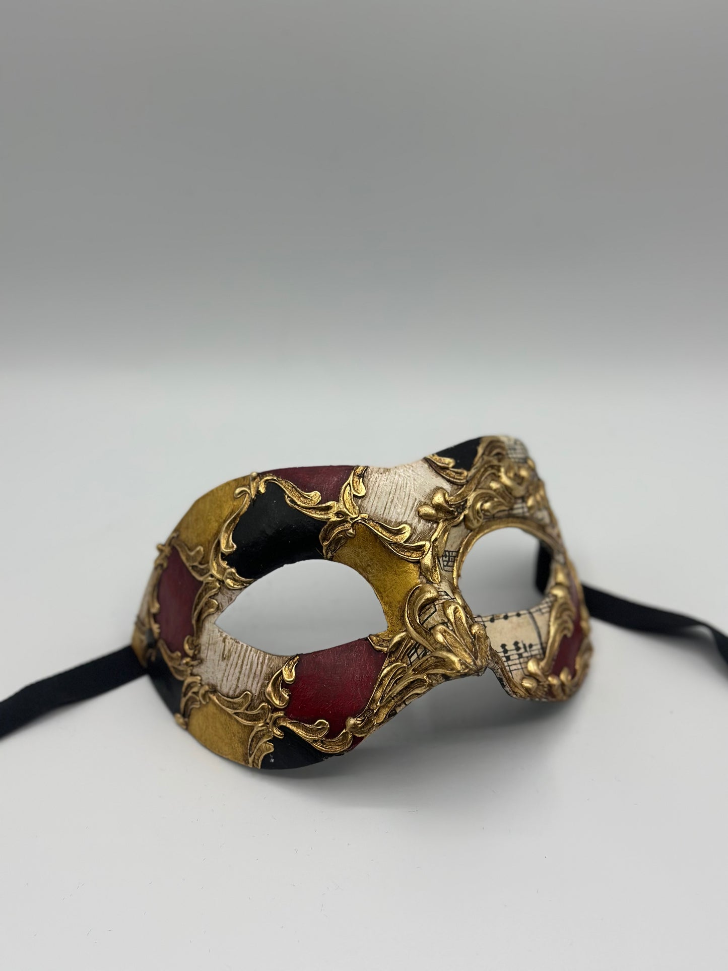 Venetian Mask with Music Notes - Masquerade Mask Red Black Gold - Baroque mask