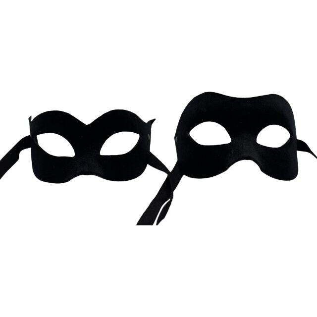 Twee Venetiaanse balmaskers - mannen- en vrouwenmasker, in zwart fluweel. Koppelmasker zwart.