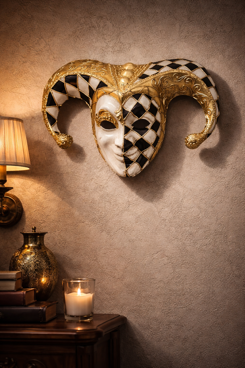 Máscara Veneciana Arlequín Oro Negro Blanco – Máscara de Lujo para Mascarada y Decoración