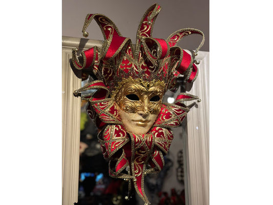 Jester mask in red velvet and gold face