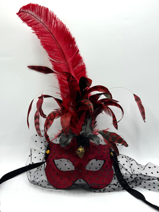 Venetian mask with feathers - Masquerade mask for women - Red Velvet elegant mask