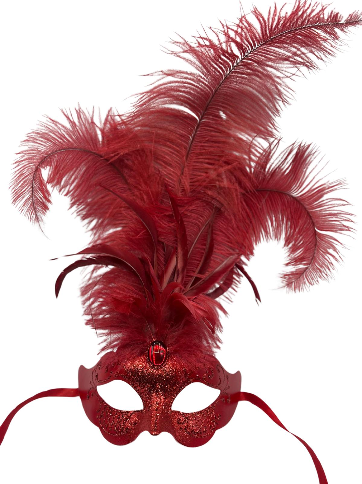 Luxury red Venetian masquerade mask with feathers and glitter