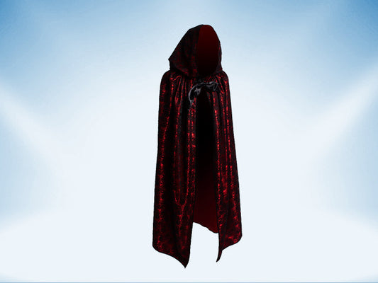 Red cape covered with black lace with hood