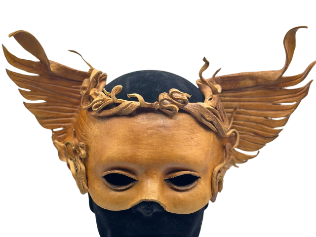 Brown leather mask - Winged being made of natural brown leather. Masqu ...