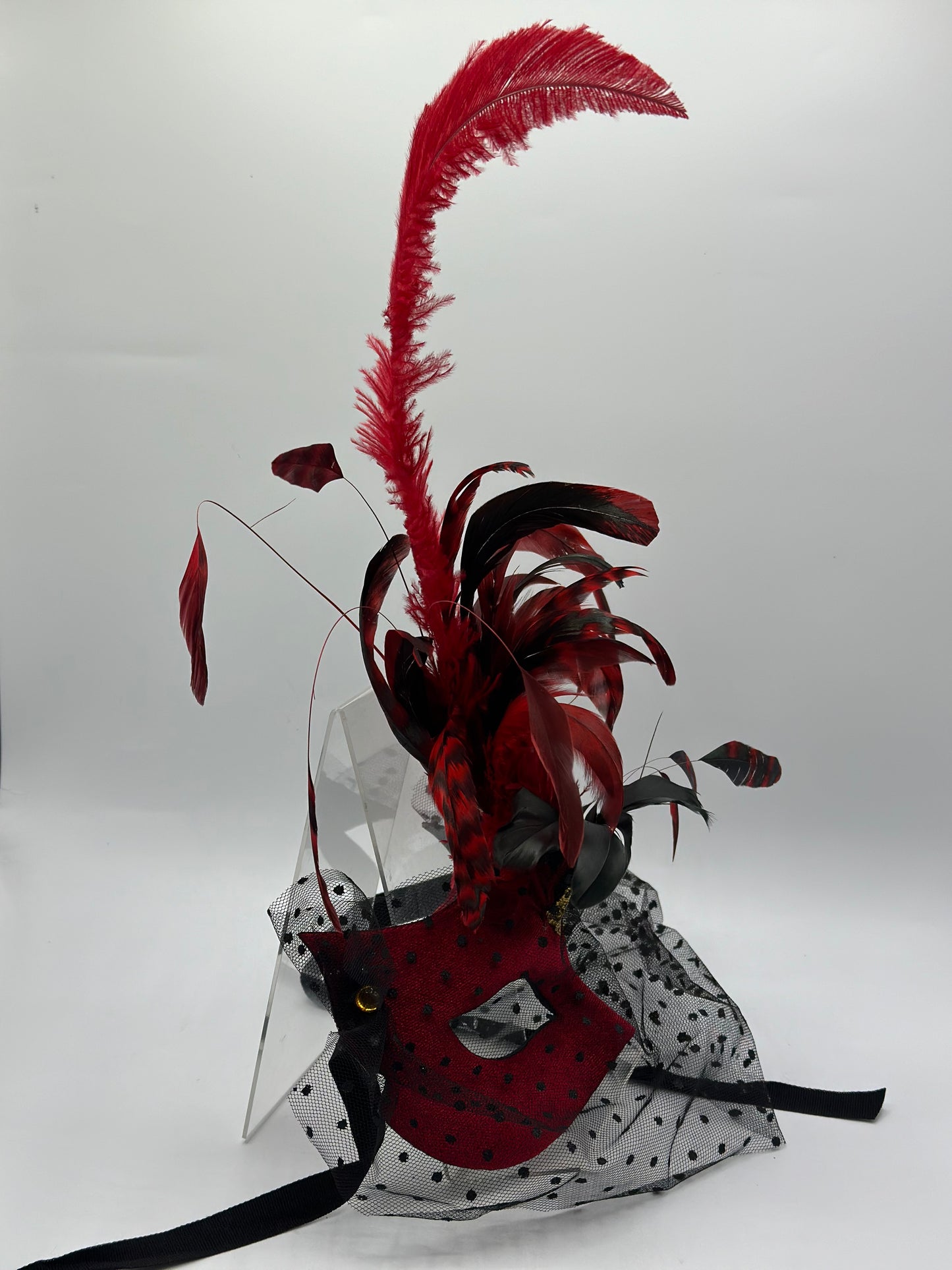 Venetian mask with feathers - Masquerade mask for women - Red Velvet elegant mask