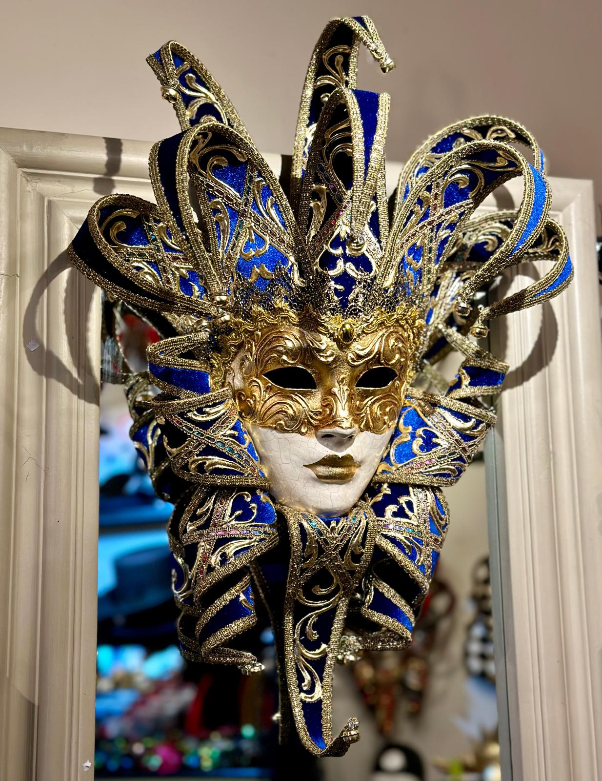 Masked Shop Jester mask in blue and gold velvet - Wearable mask and decoration mas ...