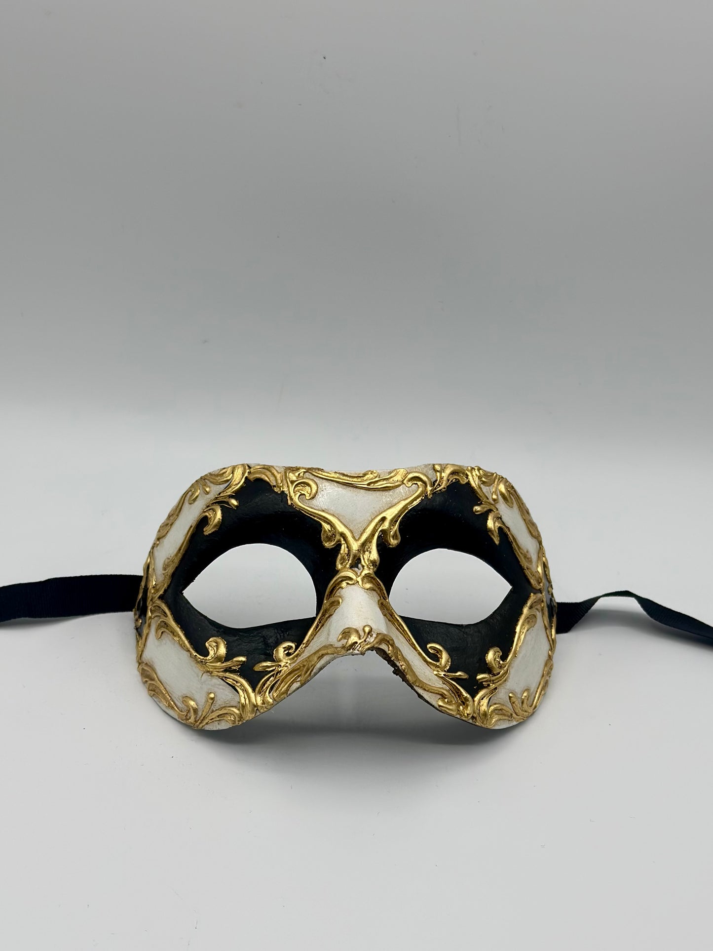 Black & White Venetian Mask with Gold Baroque Details