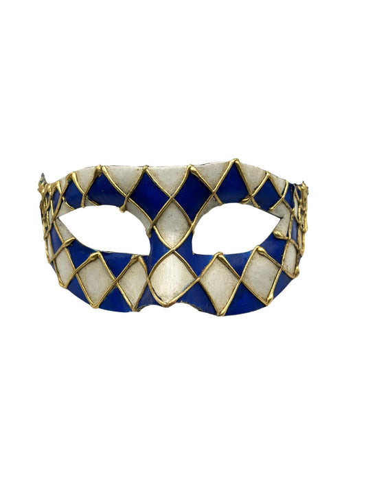Venetiaans Harlekijn Masker – Blauw & Wit met Gouden Details – Handgemaakt Papier-maché 
