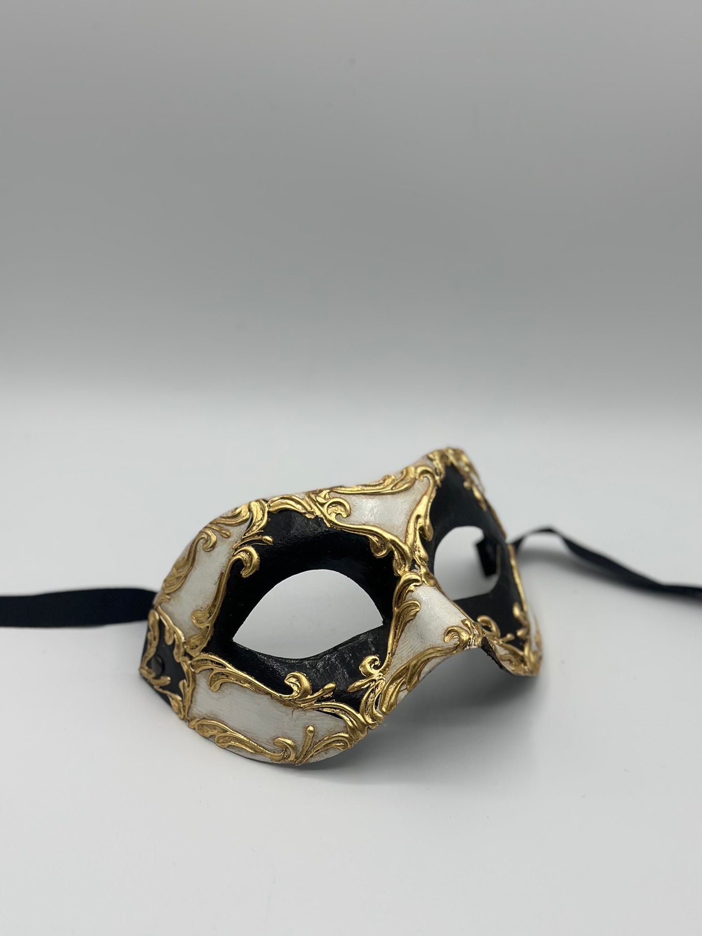 Black & White Venetian Mask with Gold Baroque Details