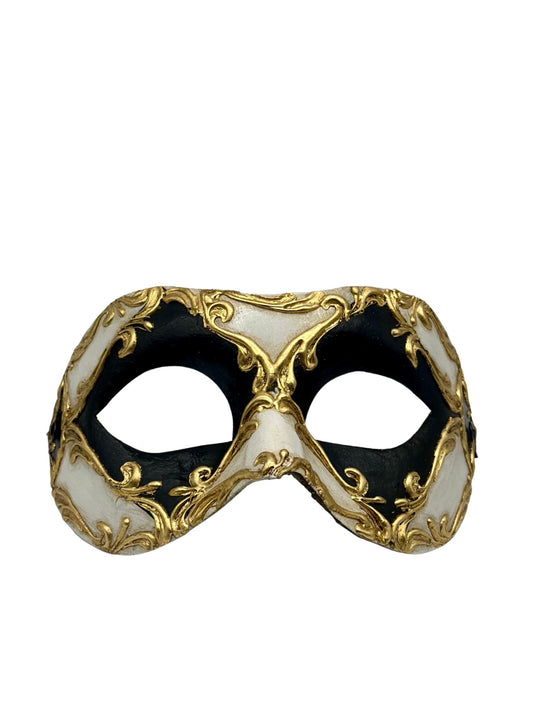 Black & White Venetian Mask with Gold Baroque Details