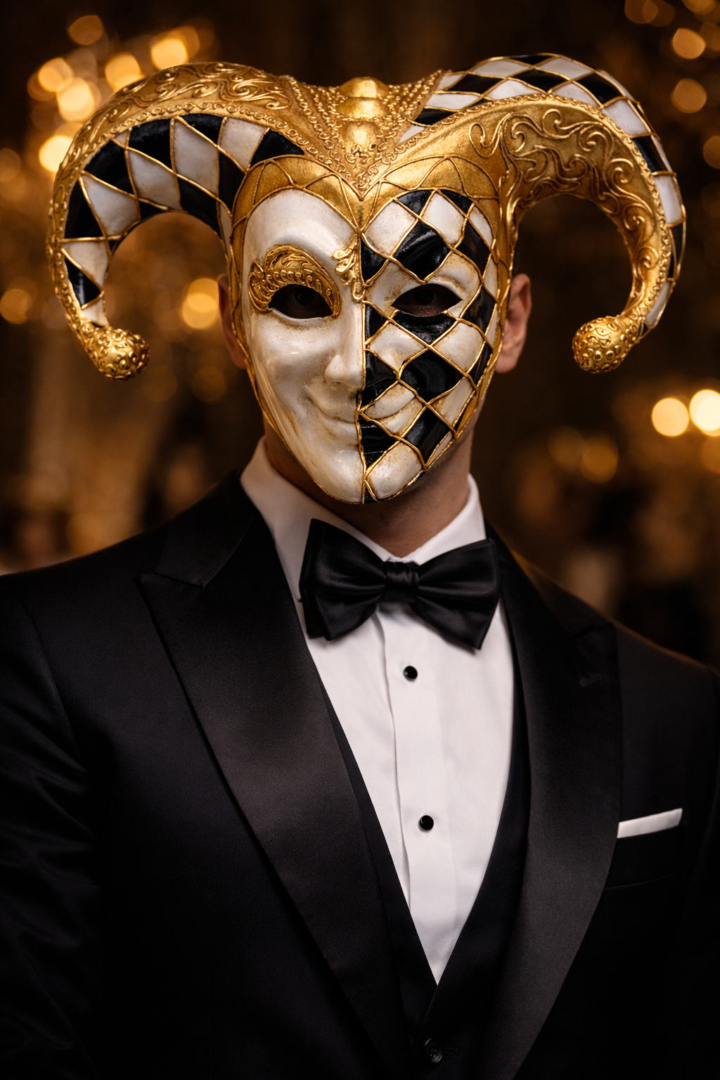 Máscara Veneciana Arlequín Oro Negro Blanco – Máscara de Lujo para Mascarada y Decoración