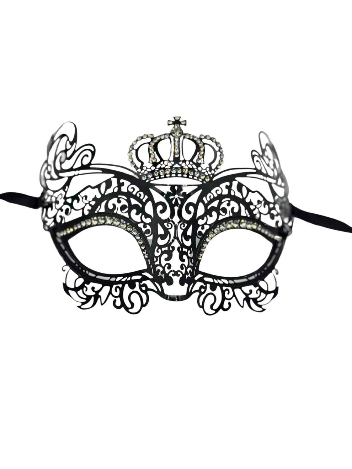 Masque de mascarade pour femme « la couronne » - Masque vénitien en métal noir avec strass