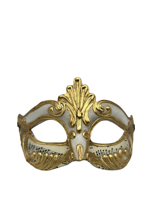 Máscara Veneciana Media – Blanco y Oro con Notas Musicales