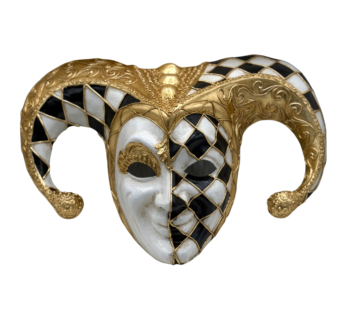 Máscara Veneciana Arlequín Oro Negro Blanco – Máscara de Lujo para Mascarada y Decoración