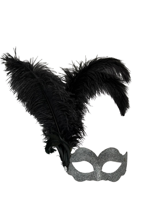 Silver Glitter Venetian Mask with Black Feathers