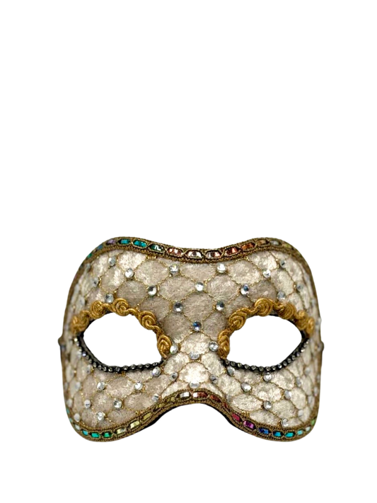 Luxury Velvet Venetian Mask – Champagne Cream with Gold & Crystal Details