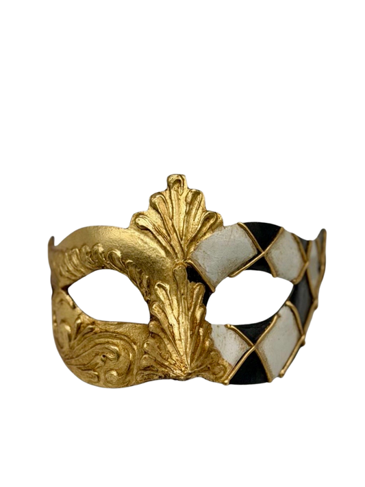 Máscara Veneciana Arlequín en Oro, Negro y Blanco