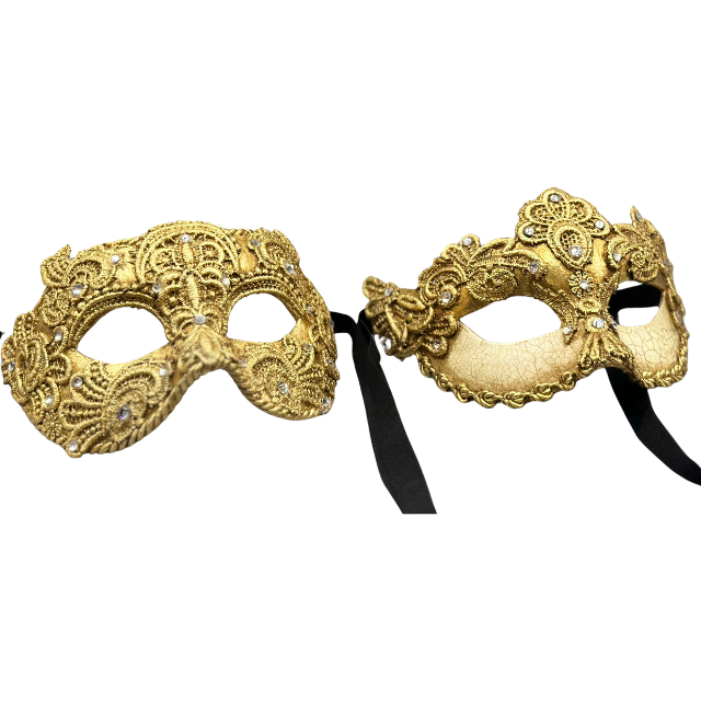 Zwei luxuriöse venezianische Ballmasken - Mann und Frau - aus goldener Spitze. Maskenset für Paare.