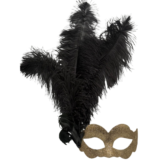 Gouden Glitter Venetiaans Masker met Zwarte Veren