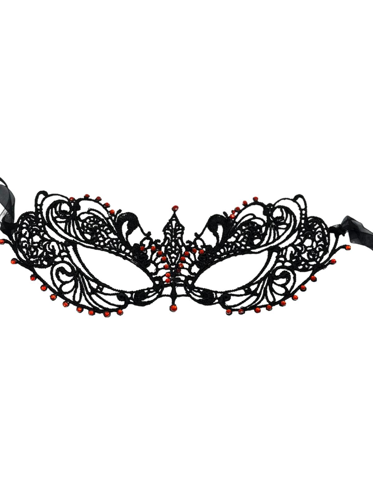Kanten masker met rode strass steentjes - Zwart masker voor vrouwen