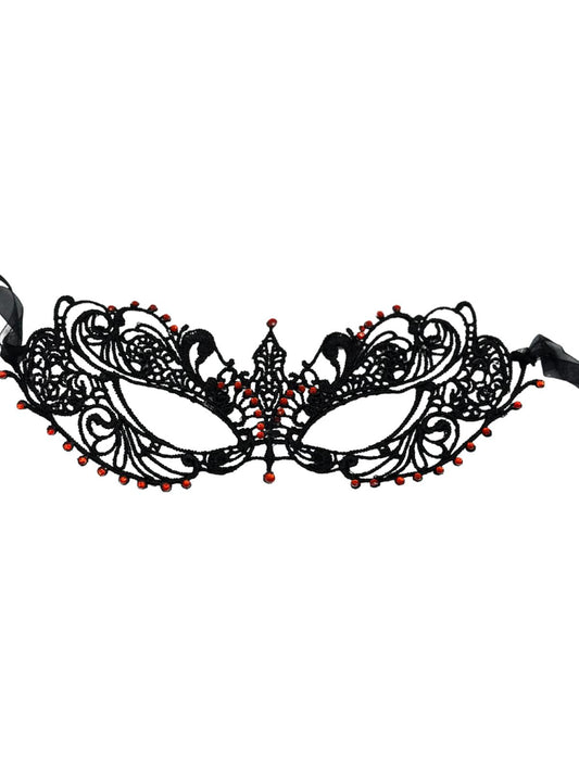 Lace mask black with red stones - black mask Venetian