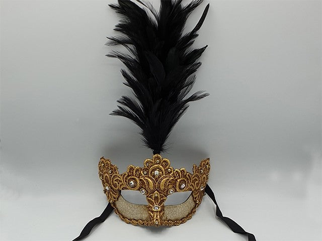 Golden Venetian mask with a feather plume