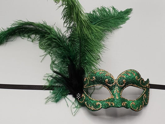 Half mask with green feathers
