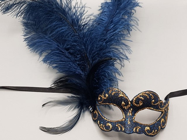 Half mask with blue feathers