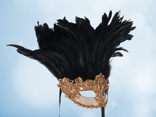Golden ball mask with black feathers for a lady