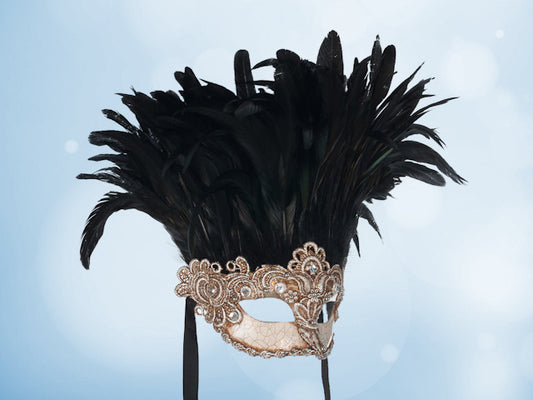 Silver ball mask with black feathers for a lady