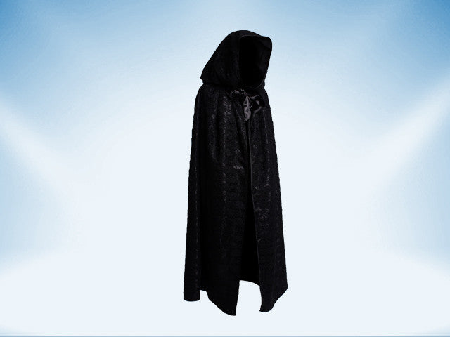 Black hooded satin cape covered with lace