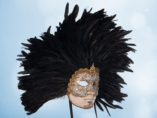 Full-face silver Venetian mask with black feathers